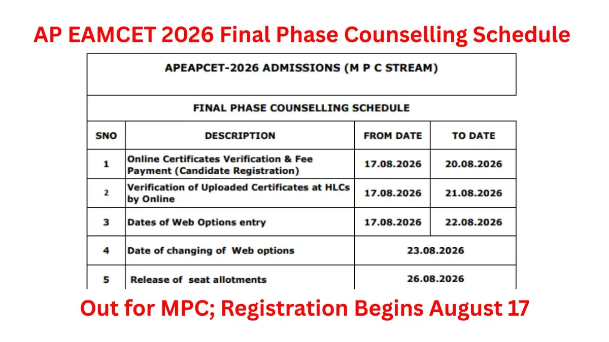 AP EAMCET 2026 Final Phase Counselling Schedule Out for MPC; Registration Begins August 17