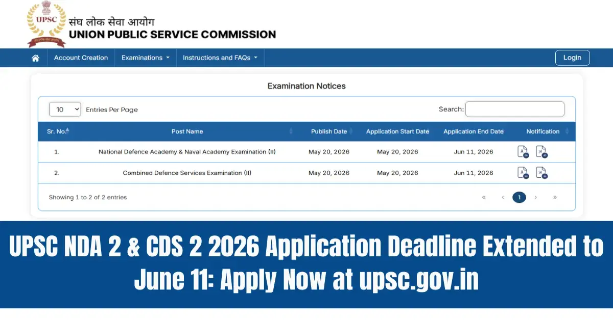 UPSC NDA 2 & CDS 2 2026 Application Deadline Extended to June 11: Apply Now at upsc.gov.in