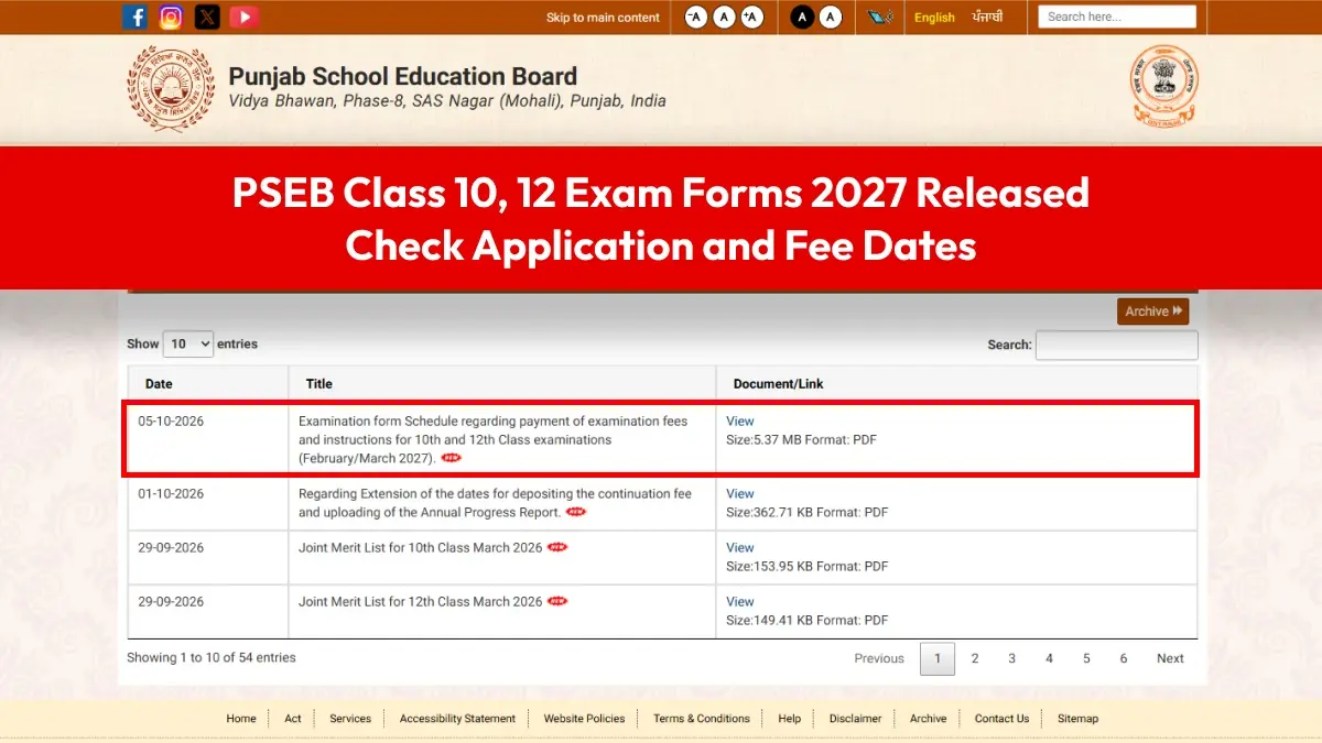 PSEB Class 10, 12 Exam Forms 2027 Released: Check Application and Fee Dates