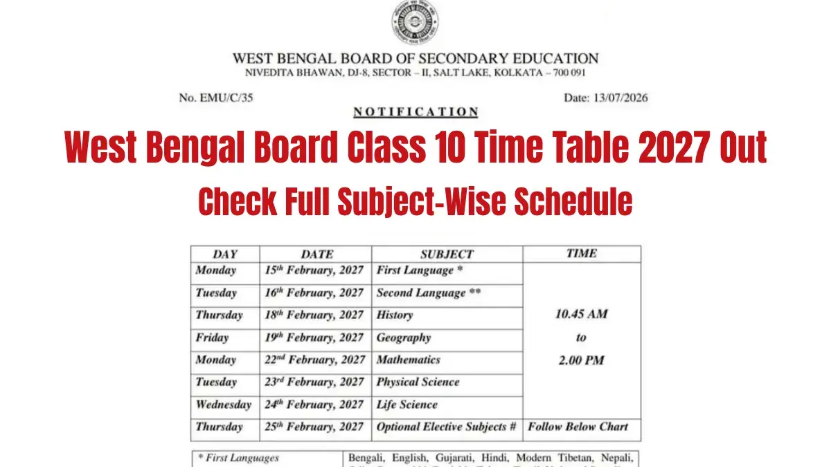 WBBSE Madhyamik 2027 Date Sheet Released — Check West Bengal Class 10 Exam Timetable