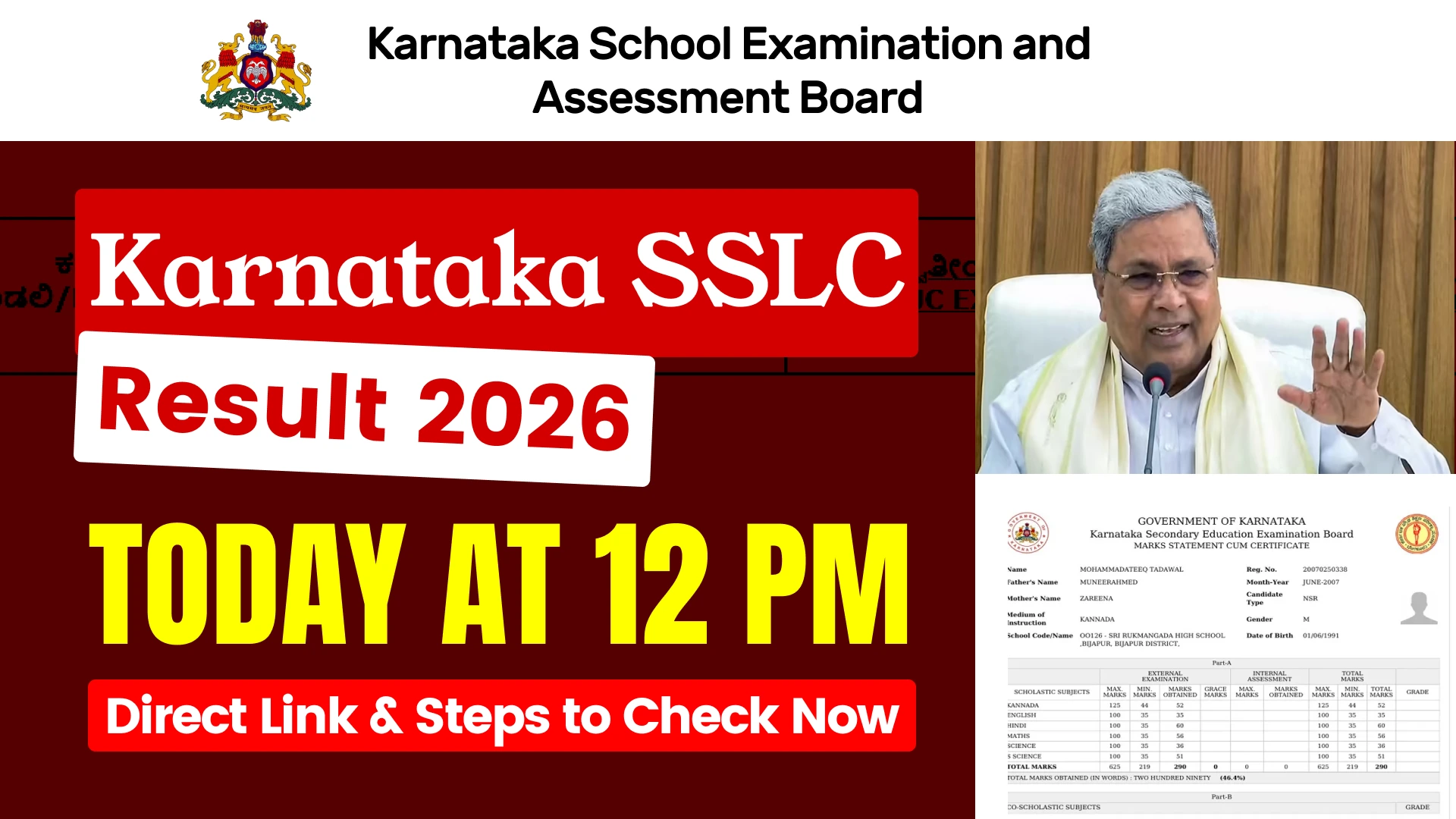 Karnataka SSLC Result 2026 Today at 12 PM - Direct Link & Steps to Check Now