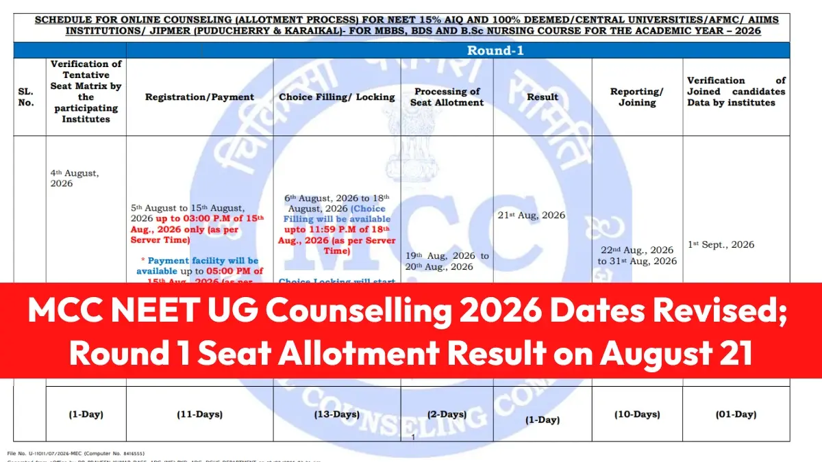 MCC NEET UG Counselling 2026 Dates Revised; Round 1 Seat Allotment Result on August 21