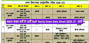 RBSE Half Yearly Exam Time Table 2026-27: कक्षा 9वीं, 10वीं, 11वीं और 12वीं का विषयवार शेड्यूल