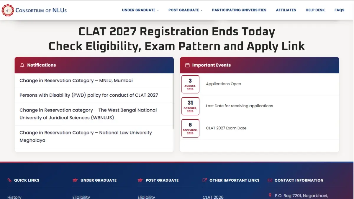 CLAT 2027 Registration Ends Today: Check Eligibility, Exam Pattern and Apply Link