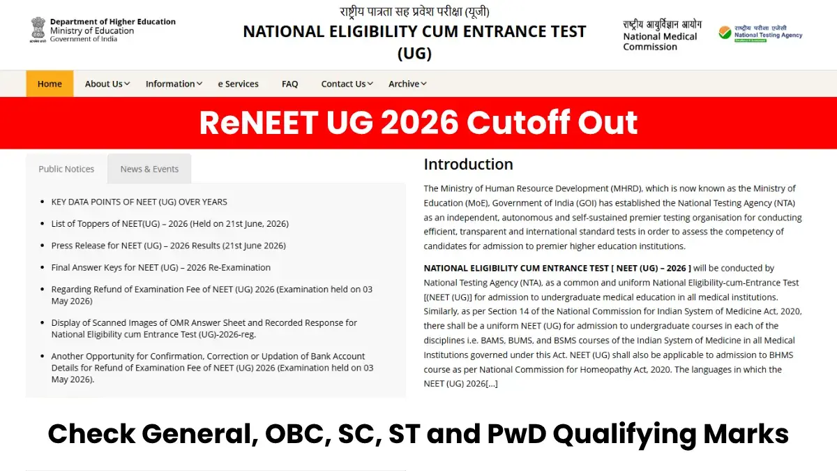 ReNEET UG 2026 Cutoff Out: Check General, OBC, SC, ST and PwD Qualifying Marks