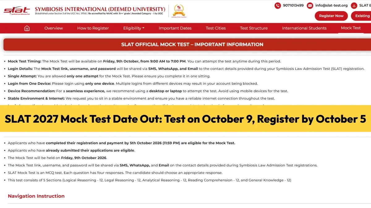 SLAT 2027 Mock Test Date Out: Test on October 9, Register by October 5