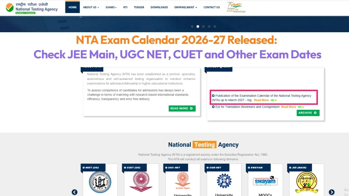 NTA Exam Calendar 2026-27 Released: Check JEE Main, UGC NET, CUET and Other Exam Dates