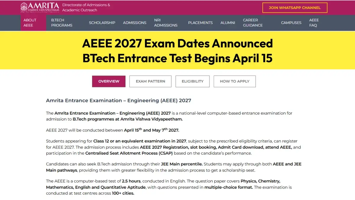 Pattern Testing AEEE 2027 Exam Dates: BTech Entrance Test, Pattern & Fee