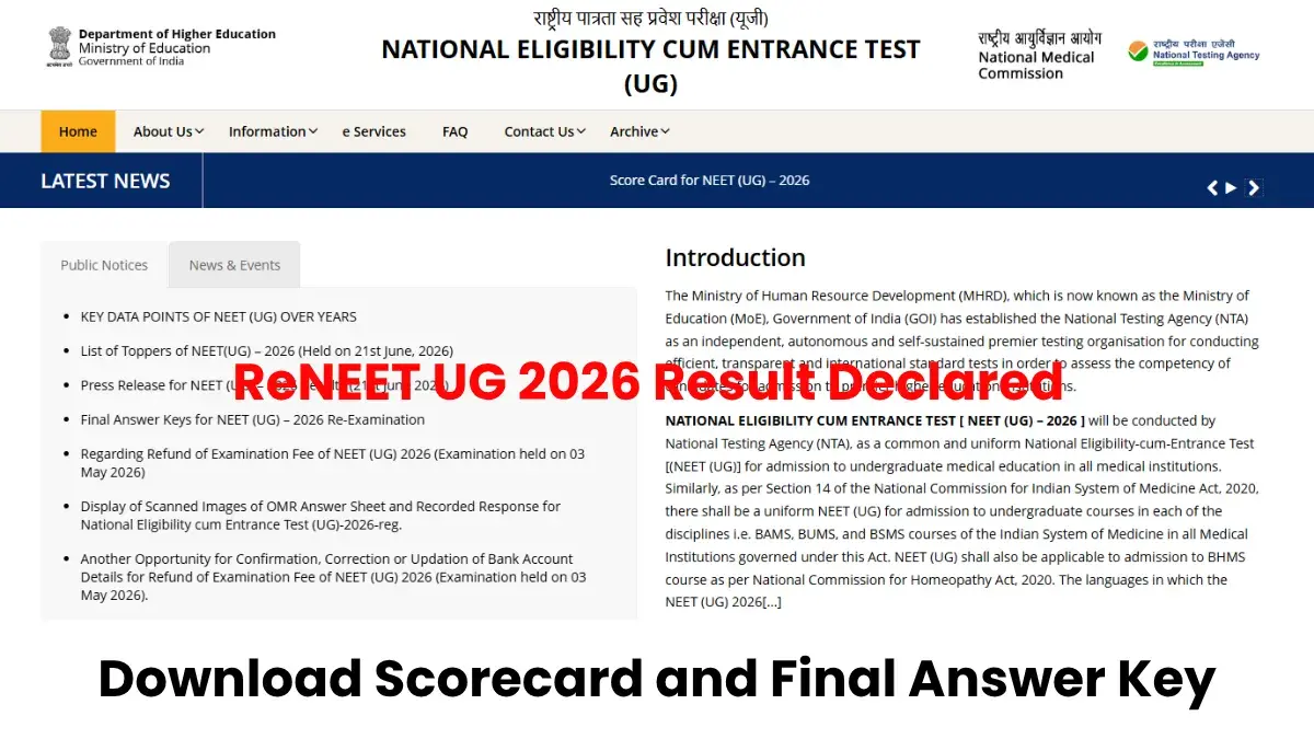 ReNEET UG 2026 Result Declared: Download Scorecard and Final Answer Key
