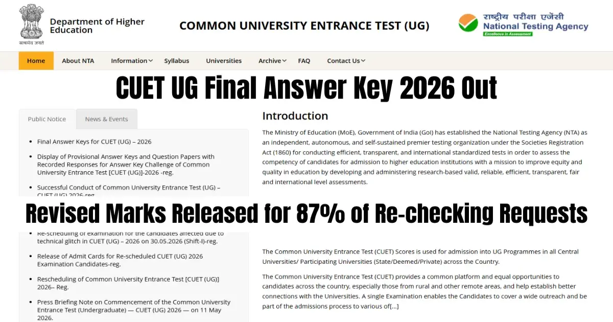 CUET UG Final Answer Key 2026 Out: 7 Questions Removed by NTA, Direct Download Link