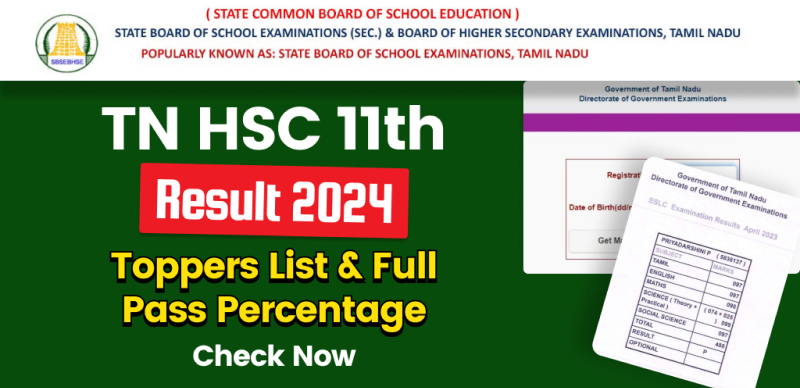 TN HSC 11th Results 2024 Out: Check Toppers Name, Marks, Pass Percentage, Merit List, District & Result Full Statistics