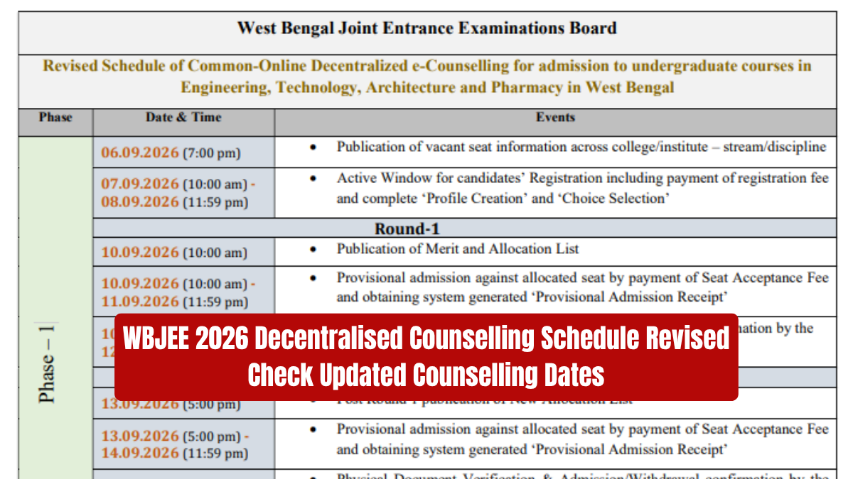 WBJEE 2026 Decentralised Counselling Schedule Revised: Check Updated Counselling Dates