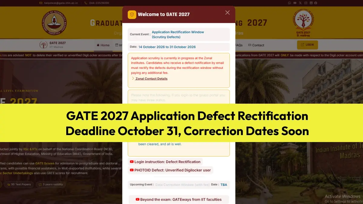 GATE 2027 Application Defect Rectification: Deadline October 31, Correction Dates Soon