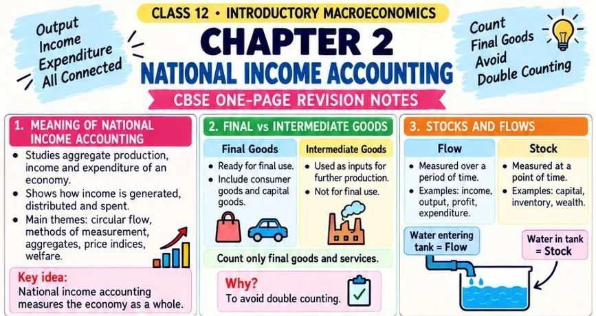 CBSE Class 12 Introductory Macroeconomics one-page revision notes on Chapter 2: National Income Accounting, covering national income
