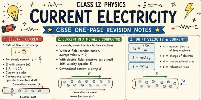 CBSE Class 12 Physics one-page revision notes on Current Electricity, covering electric current, current in metallic conductors, drift velocity, current density