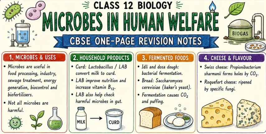 CBSE Class 12 Biology one-page revision notes on Microbes in Human Welfare, covering the uses of microbes, curd formation by Lactobacillus
