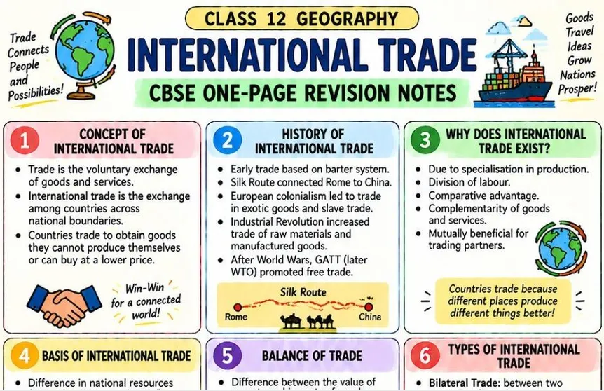 CBSE Class 12 Geography one page revision notes on International Trade covering trade concepts, history, Silk Route, reasons for trade, basis of international trade, balance of trade and types of trade.