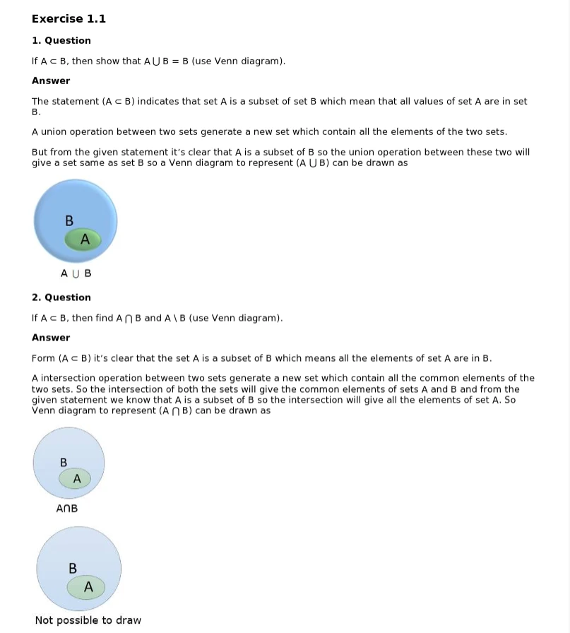 Samacheer Kalvi 10th Science book Exercise 1.1 Solution explaining set theory with questions on union, intersection, and set difference, along with Venn diagrams showing set A as a subset of set B.