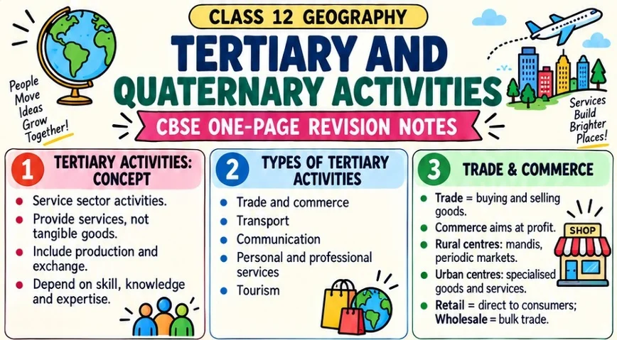 CBSE Class 12 Geography one page revision notes on Tertiary and Quaternary Activities covering service sector concepts, types of tertiary activities, trade, commerce, transport and communication.