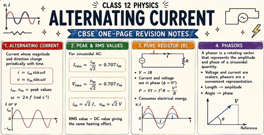 CBSE Class 12 Physics one-page revision notes on Alternating Current (AC), covering sinusoidal current, peak and RMS values