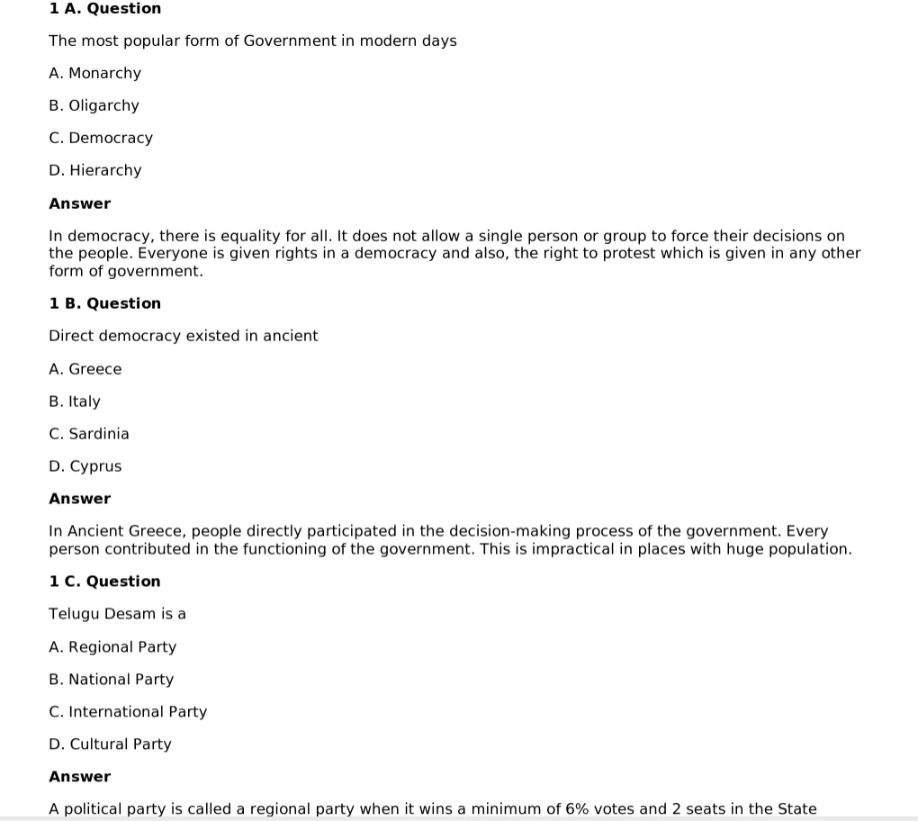 TN Board Class 10 Civics solutions PDF download with multiple-choice questions and answers on democracy, direct democracy in ancient Greece, and political parties.