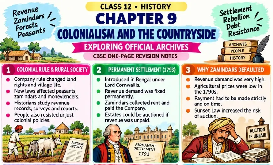 CBSE Class 12 History one-page revision notes on Chapter 9: Colonialism and the Countryside Exploring Official Archives, covering colonial rule and rural society, the Permanent Settlement of 1793