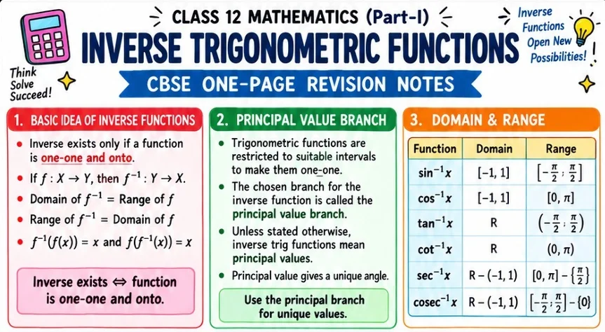 CBSE Class 12 Mathematics Part 1 revision notes on Inverse Trigonometric Functions, covering inverse function properties, principal value branches