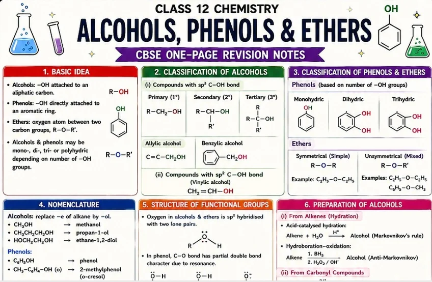 CBSE Class 12 Chemistry one-page revision notes on Alcohols, Phenols and Ethers, covering basic concepts, classification, nomenclature, functional group structures