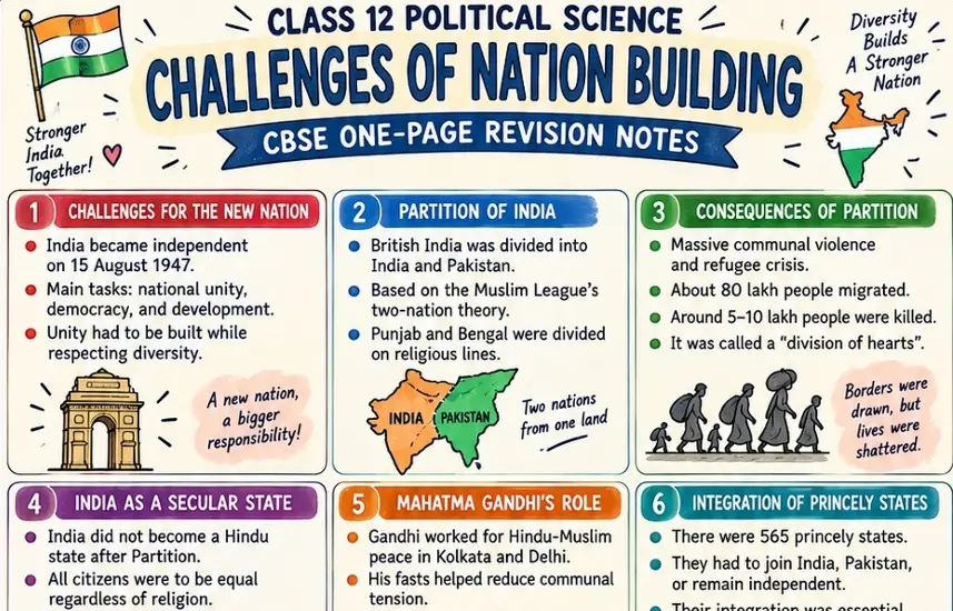 CBSE Class 12 Political Science one page revision notes on Challenges of Nation Building covering India's independence, Partition, communal violence, secularism, Gandhi's role and integration of princely states.