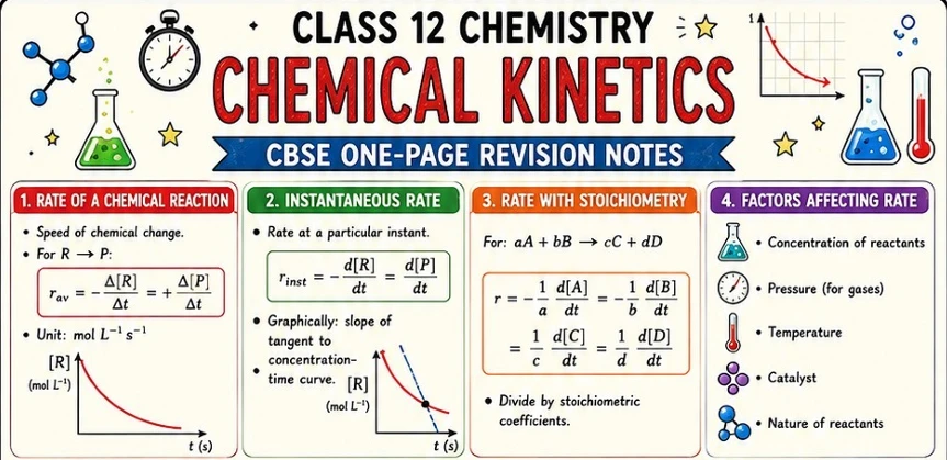 CBSE Class 12 Chemistry one-page revision notes on Chemical Kinetics, covering the rate of a chemical reaction, instantaneous rate