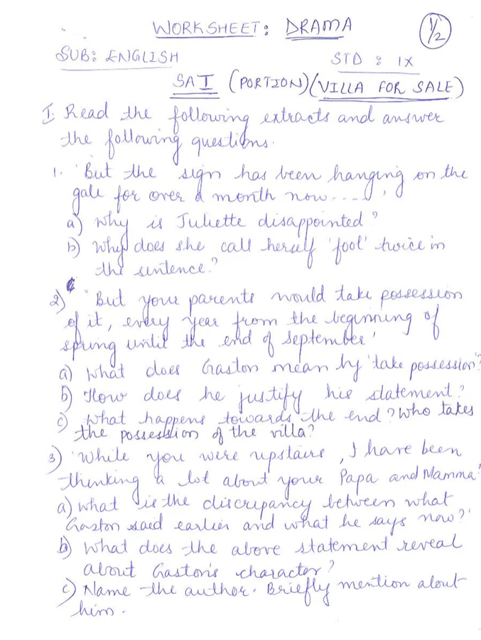 Class 9 English drama worksheet on Villa for Sale, with extract-based questions about Juliette, Gaston, the villa’s possession, character traits, and the author.