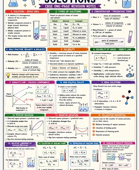 CBSE Class 12 Chemistry Solutions one-page revision notes covering concentration terms, molarity, molality, Henry’s law, Raoult’s law, ideal solutions, deviations, and colligative properties.
