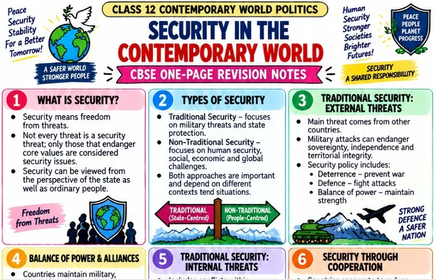 CBSE Class 12 Political Science one page revision notes on Security in the Contemporary World covering traditional and non traditional security, external threats, balance of power, alliances and cooperation.