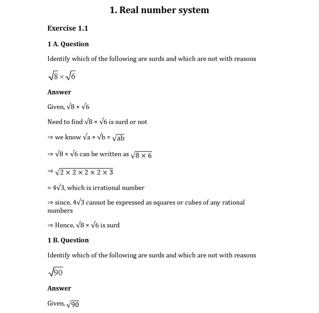 TN Board Class 9 Mathematics Term - 3 Chapter 1, Real Number System, Exercise 1.1 showing a solved question on identifying whether √8 × √6 is a surd, with step-by-step simplification to 4√3.