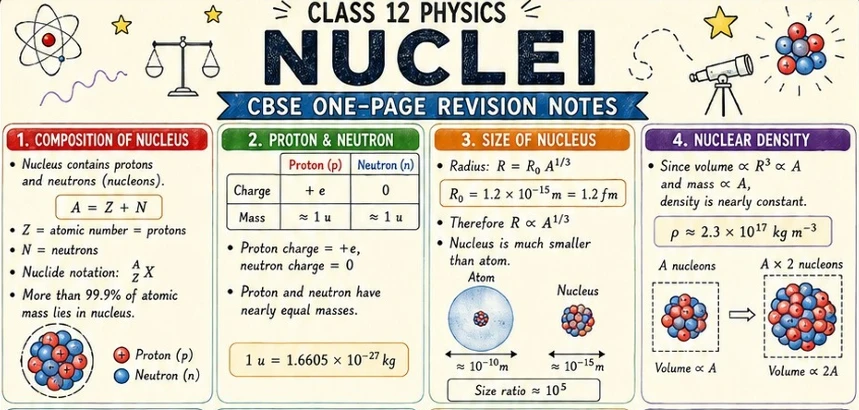 CBSE Class 12 Physics one-page revision notes on Nuclei, covering nuclear composition, protons and neutrons, mass number