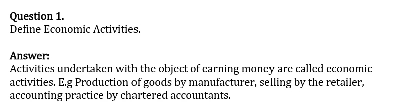 General English study material showing a question asking to define economic activities, with the answer explaining that activities undertaken to earn money are called economic activities