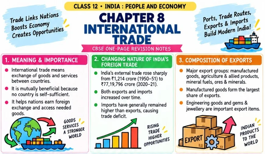 CBSE Class 12 Geography one-page revision notes on India: People and Economy — Chapter 8: International Trade, covering the meaning and importance of international trade