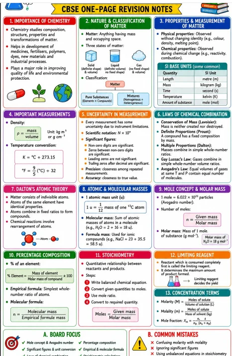 CBSE Class 11 Chemistry one-page revision notes covering matter, measurement, chemical laws, atomic theory, molecular mass, mole concept, stoichiometry, limiting reagents, and concentration terms.