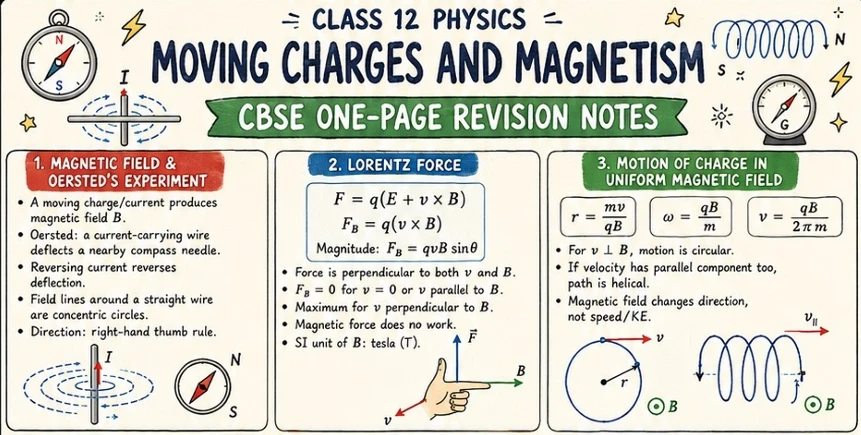 CBSE Class 12 Physics one-page revision notes on Moving Charges and Magnetism, covering Oersted’s experiment, magnetic fields around current-carrying wires