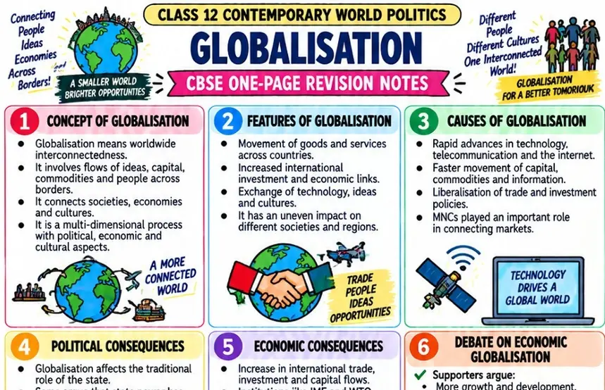 CBSE Class 12 Political Science one page revision notes on Globalisation covering its concept, key features, causes, political and economic consequences, international trade and global connectivity.