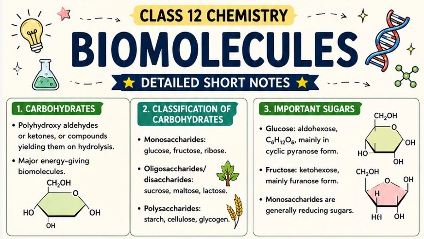 Class 12 Chemistry detailed short notes on Biomolecules, covering carbohydrates, their classification into monosaccharides, oligosaccharides and polysaccharides