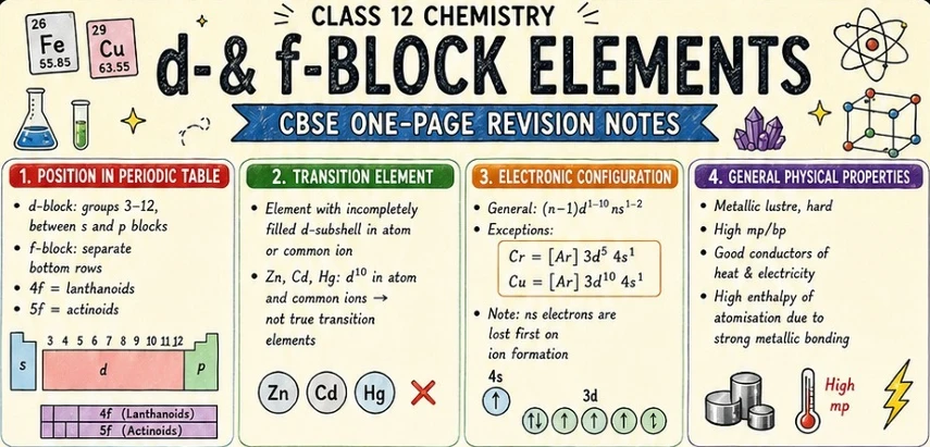 CBSE Class 12 Chemistry one-page revision notes on d- and f-Block Elements, covering their position in the periodic table, characteristics of transition elements