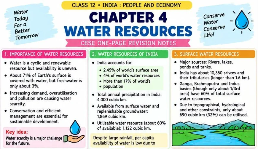 CBSE Class 12 Geography one-page revision notes on India: People and Economy — Chapter 4: Water Resources, covering the importance of water resources
