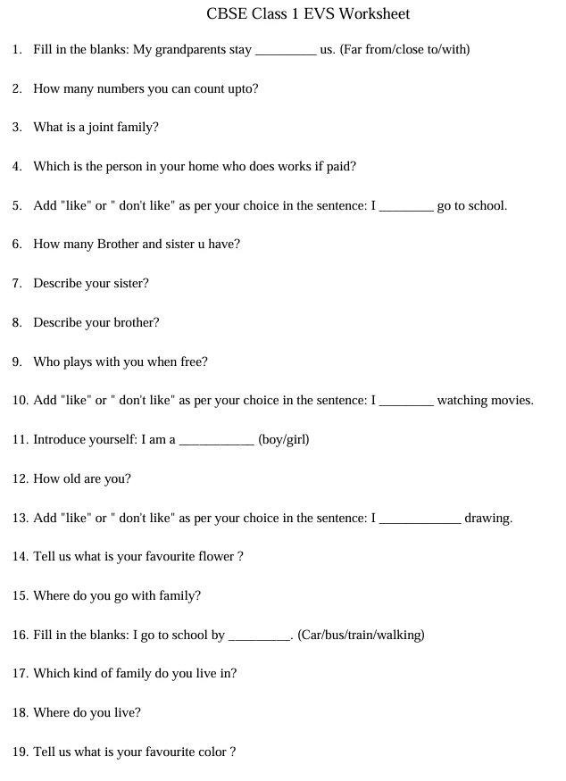 CBSE NCERT Class 1 Environmental Studies worksheet covering family, grandparents, siblings, personal introduction, likes, dislikes, favourite things
