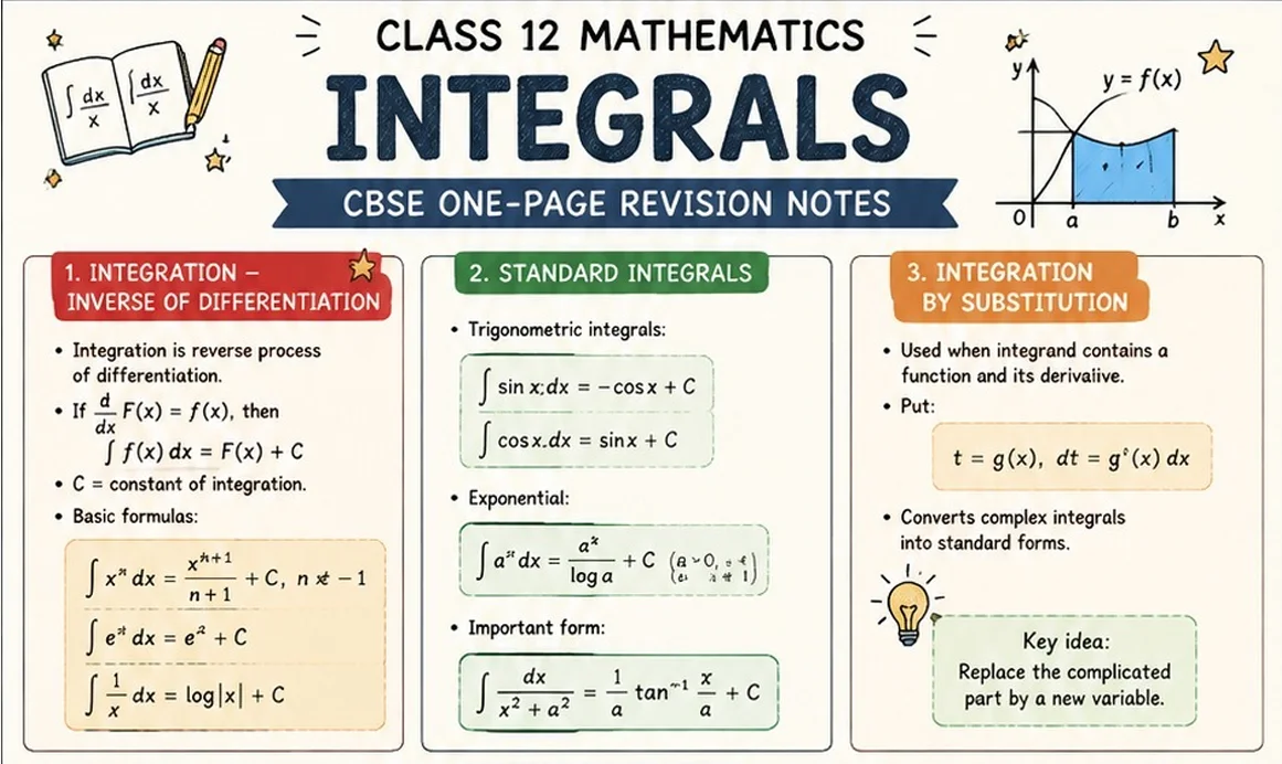CBSE Class 12 Mathematics one-page revision notes on Integrals, covering integration as the inverse of differentiation, basic integration formulas