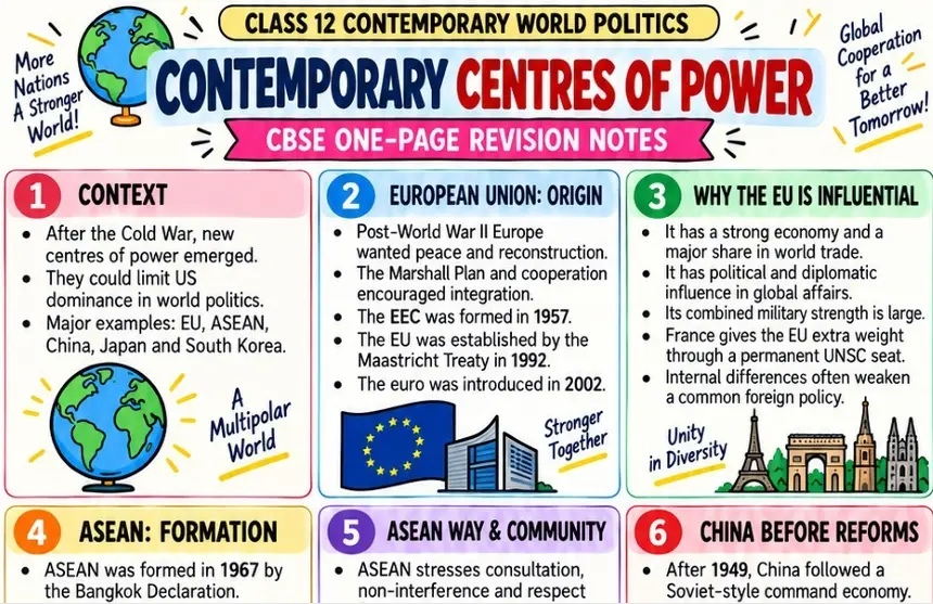 CBSE Class 12 Political Science one page revision notes on Contemporary Centres of Power covering the European Union, ASEAN, China's reforms and the emergence of new global powers.