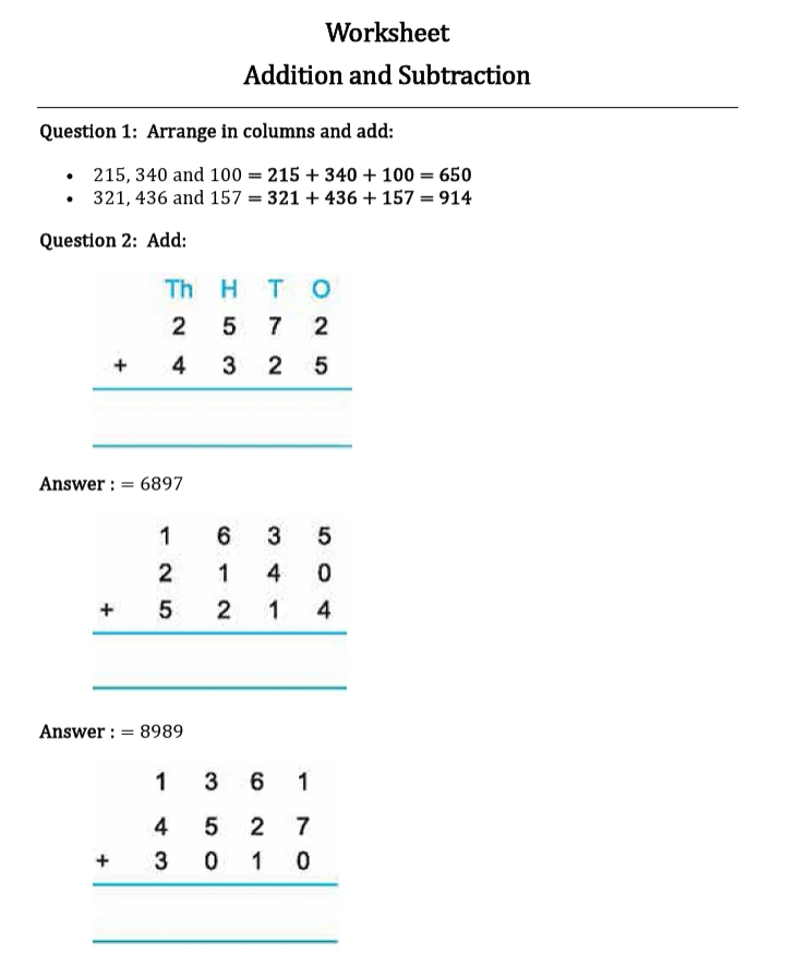 CBSE Class 3 Maths Addition and Subtraction Worksheets 2027