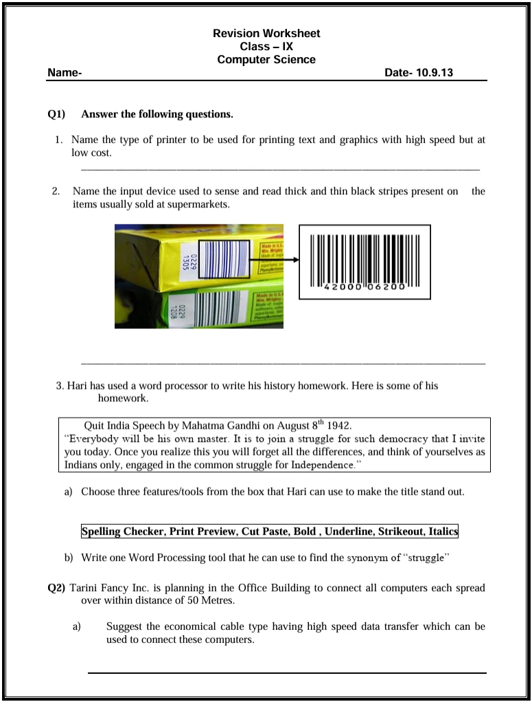 Class 9 Computer Science revision worksheet covering printers, barcode readers, word processing tools, and computer networking with questions on cables and data transfer.