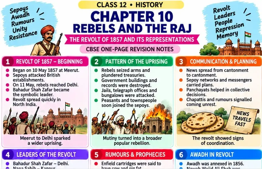 History one-page revision notes on Chapter 10: Rebels and the Raj The Revolt of 1857 and Its Representations, covering the beginning of the revolt at Meerut, its spread to Delhi and other regions