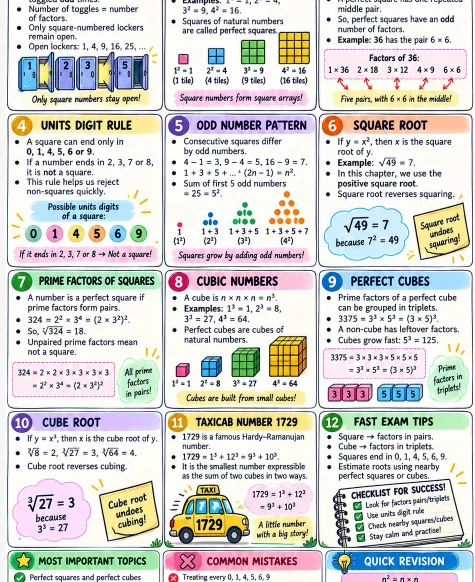 CBSE Class 8 Ganita Prakash one-page revision notes covering square numbers, odd number patterns, square roots, prime factors, cubes, cube roots, and fast exam tips.